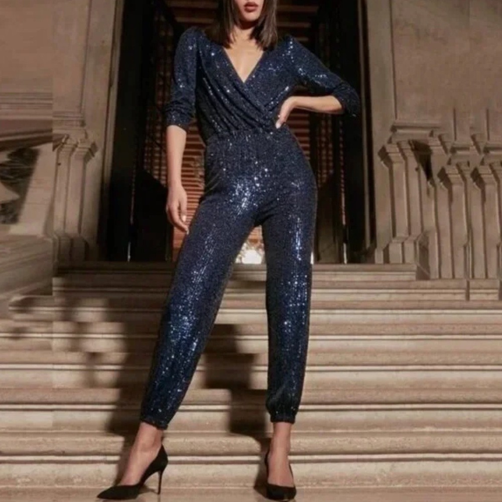 Generation Love Women's Madison Jumpsuit XS Navy Sequin V-neck 3/4 Sleeve Pocket